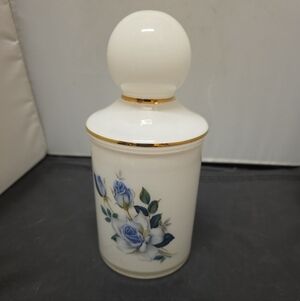 Vintage West Virginia Glass Co White Frosted Lidded Jar Blue Roses Flowers 8"